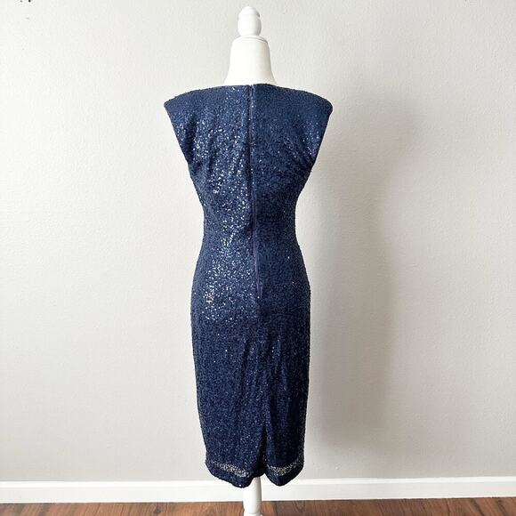 Eliza J. Navy Blue Sequin V Neck Fitted Sheath Midi Dress Women’s Size 10 NEW - Picture 5 of 13